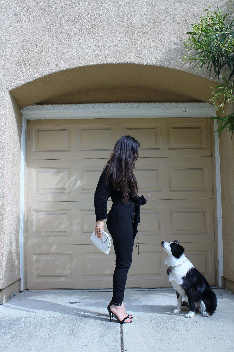 Slow Fashion Photo of the Week | High-waisted pants, vintage top with a knot, vintage clutch, black vegan ankle strap sandals, border collie puppy | Fashionhedge