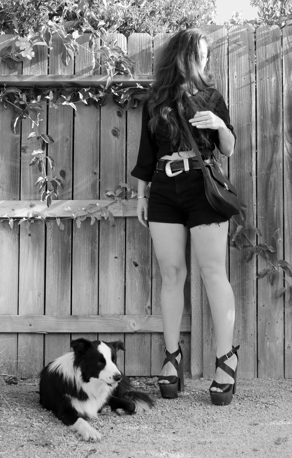 All black summer vintage outfit featuring Nina Ricci and a border collie