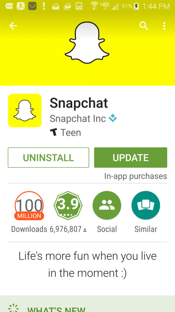 Snapchat app update on 06/07/16