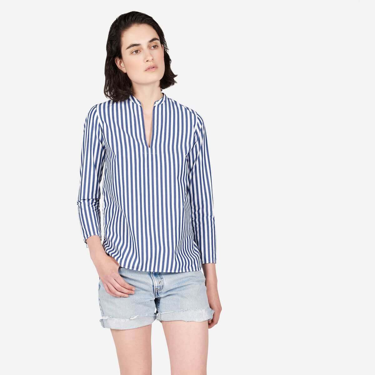 Everlane white and blue striped long sleeve shirt