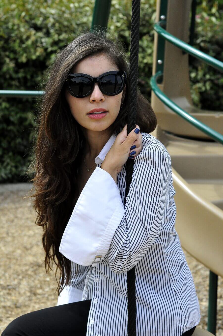 white and blue striped shirt celine sunglasses park photo shoot