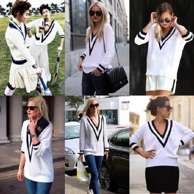 Iconic 'talia' V-neck Varsity Tennis Cotton Sweater black and white