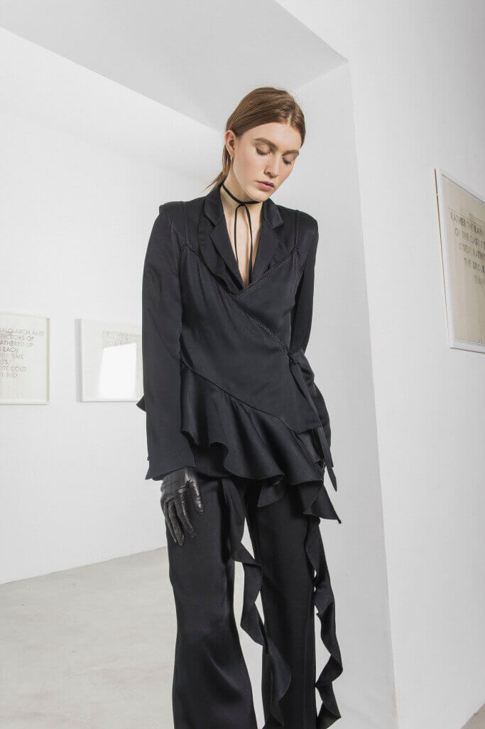 All black suit with leather gloves and a choker Each x Other Pre Fall 2017