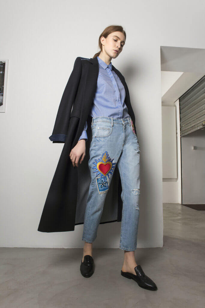 Jeans with iron-on patch and long coat Each x Other Pre Fall 2017