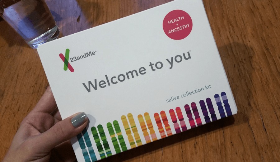 23andMe saliva collection kit. This is the box that you get in the mail once you sign up to get your ancestry and health reports from 23andMe.com