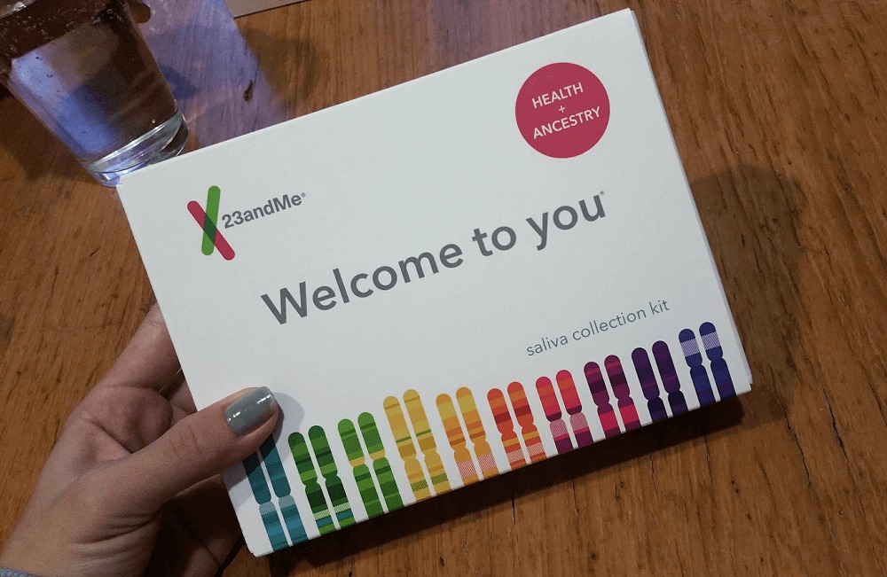 23andMe saliva collection kit. This is the box that you get in the mail once you sign up to get your ancestry and health reports from 23andMe.com