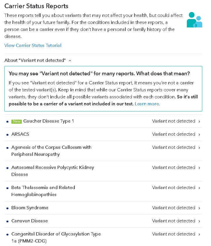 23andMe carrier status report for Bloom syndrome and other conditions
