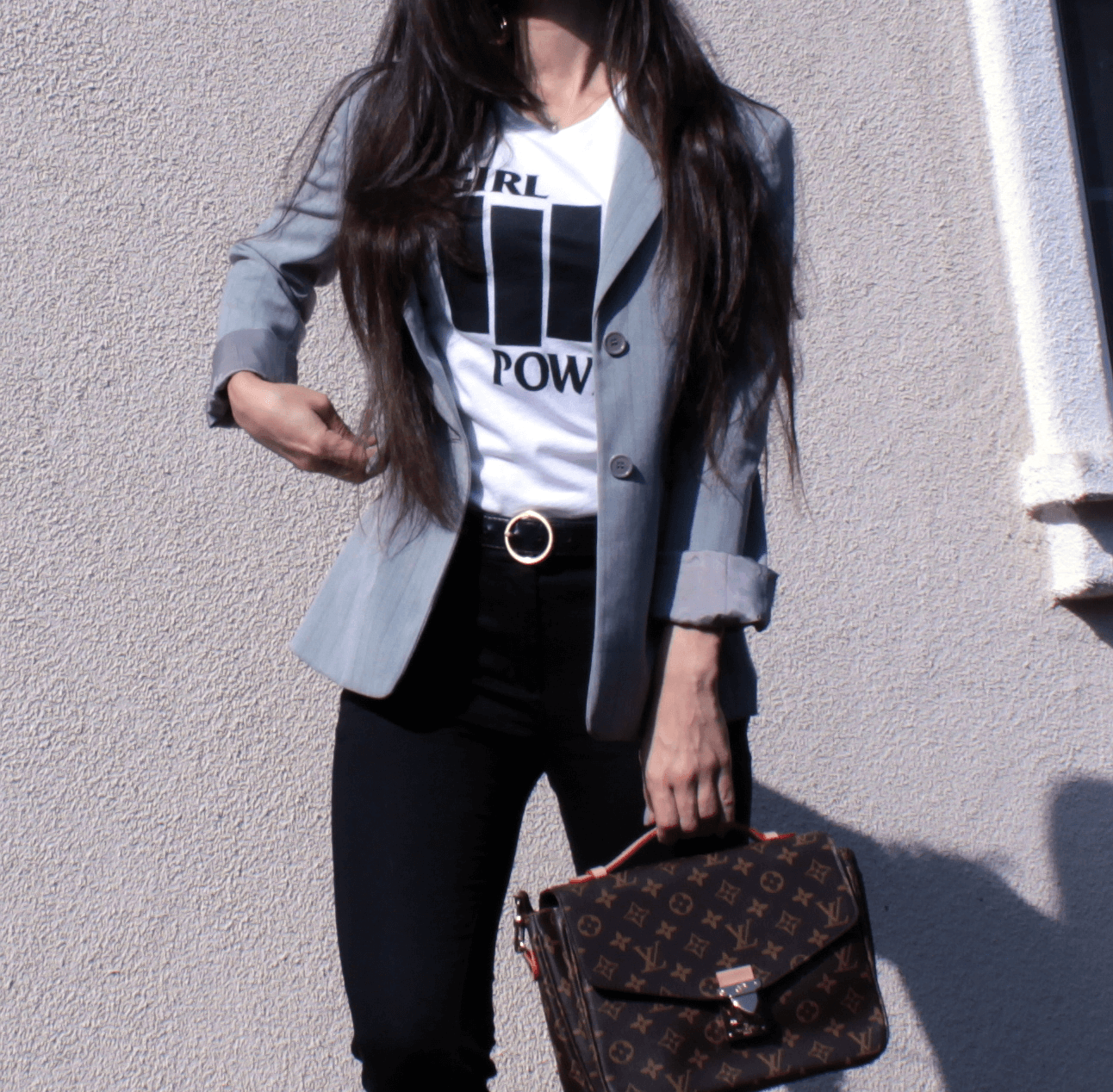 Dolores Haze NYC Girl Power T-shirt, gucci fur loafers, blazer LV bag, crop pants