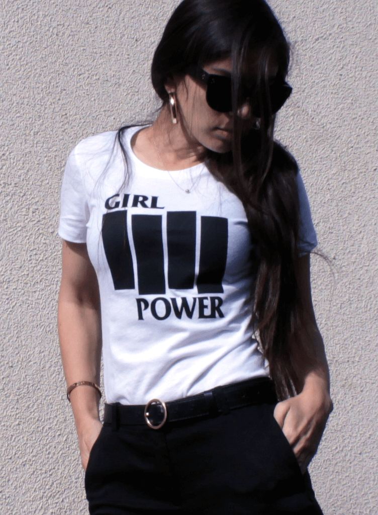 Dolores Haze NYC Girl Power T-shirt, gucci fur loafers, blazer LV bag, crop pants