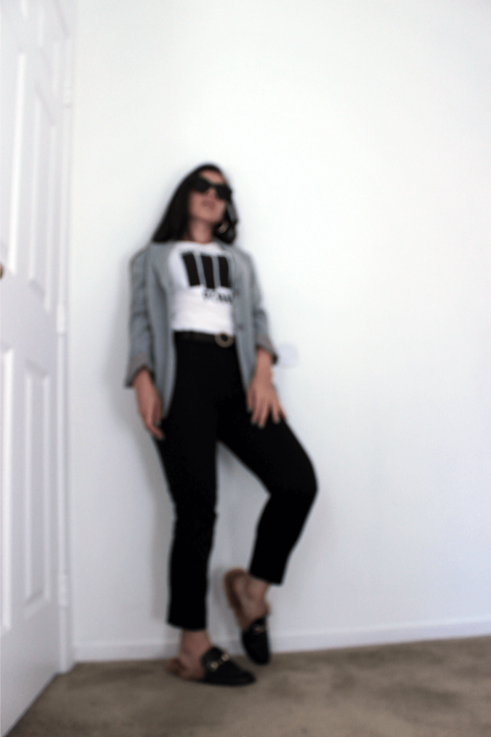 Dolores Haze NYC Girl Power T-shirt, gucci fur loafers, blazer LV bag, crop pants