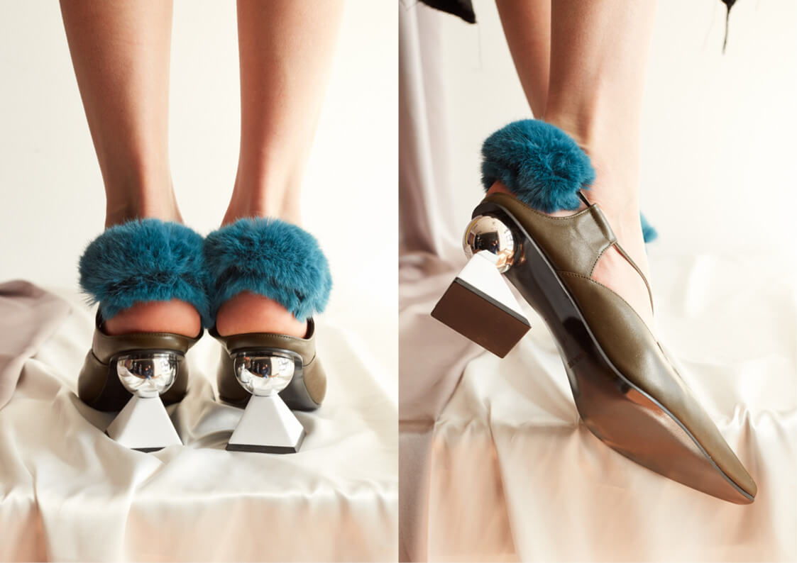 Yuul Yie heels in white with pompom detaul
