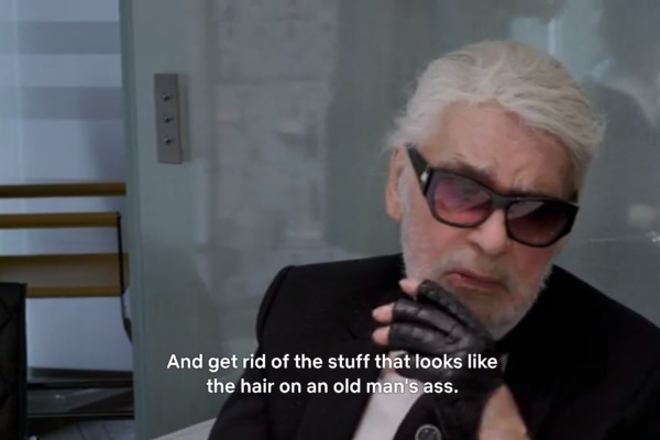 Karl Lagerfeld giving feedback on his designs prior to the fashion show. Source: Netflix.