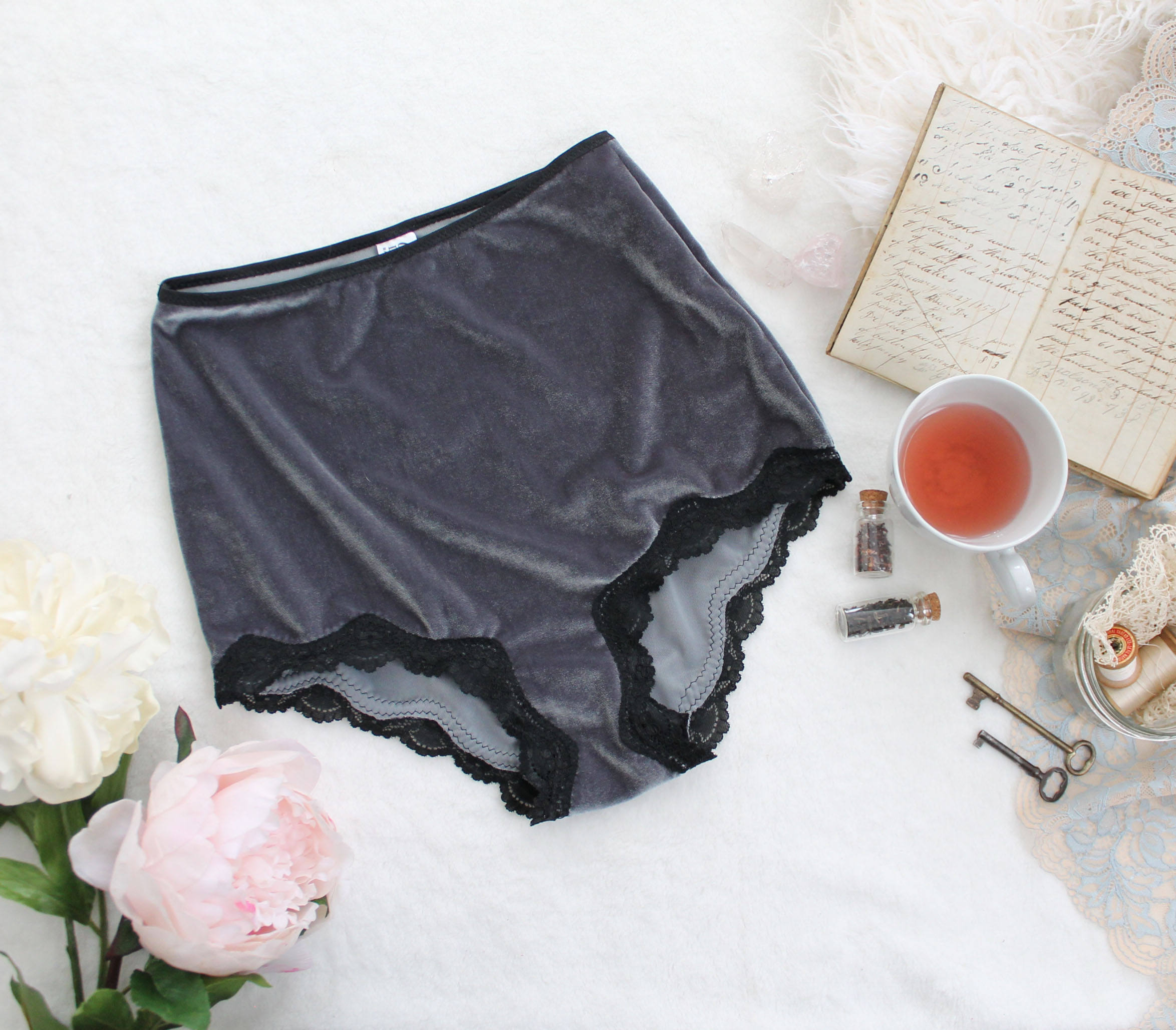Charcoal Gray 'Elixir' Velvet and Lace Hig Waist Panties Handmade Luxurious Undies Made to Order