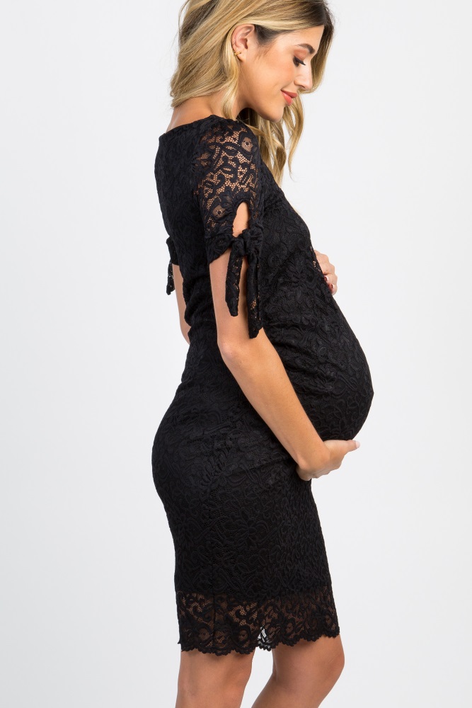 Black Lace Overlay Sleeve Tie Fitted Maternity Dress