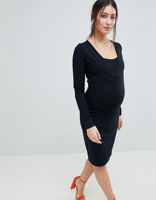 Mamalicious nursing organic cotton wrap long sleeve jersey mini dress in black