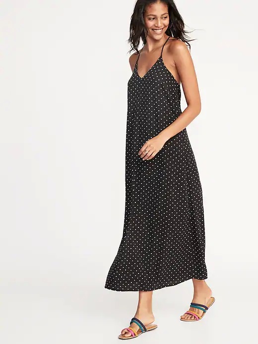 Polka dot maxi dress that works during pregnancy